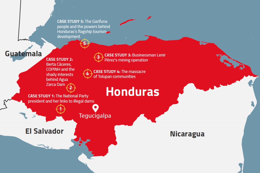La mappa dell'Honduras con i 5 "casi studio" analizzati in dettaglio nel rapporto di Global Witness